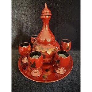 8 Piece Vintage Lacquer Saki Decanter 6 Cups Flying Canes Design Set Red Wood